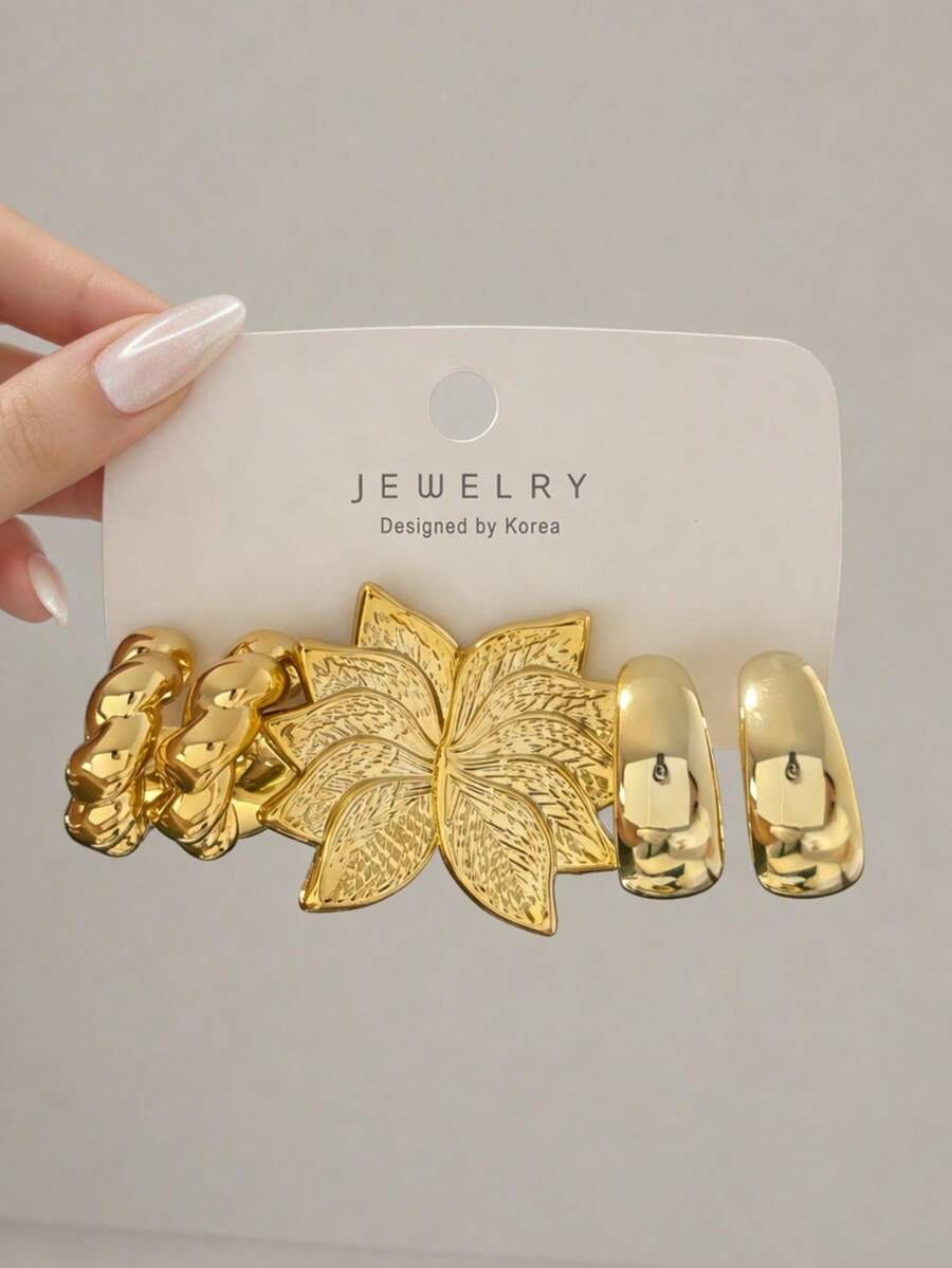 6pcs/Set Gold Fashion Elegant Earrings Set, Featuring Leaf, C-Shape, Crescent Moon Elements, Suitable For Women's Daily Wear - Yellow Gold - View 1