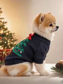 2PCS Pet Clothes Small Dog Puppy Cat Cute Pet Autumn/Winter Holiday Party Atmosphere Outfit Design Breathable Skin-Friendly Warm-Keeping Cold-Resistant Sweater Set Christmas Sweater - Navy Blue Tree + Green Christmas Tree Sweater - Multicolor - View 3