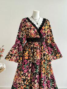 Rusttydustty Women's Plus Size Orange & Yellow Ditsy Floral V-Neck Patchwork Lace Trim Vintage Bohemian Elegant Dress, Suitable For Autumn/Winter, Halloween Outfit - Multicolor - View 7