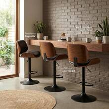 Taburete de Bar Ajustable con Pistón de Gas y Giratorio 360°, Silla de Bar Tapizada en Piel Vegana Negra con Estructura de Madera Curvada Chapa de Nogal, Base de Metal Negro y Reposapiés, Diseño Mid-Century para Barra de Cocina, 51 * 52 * 92-112.5 cm - Negro - Ver 3