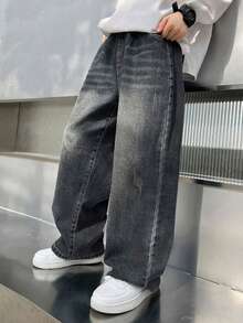 Young Boy Pocket Washed Distressed Loose Fit Fashion Jeans - Black - View 2