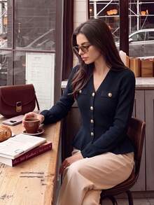 Navy Blue Knitted Cardigan Women's Autumn/Winter New Style Gold Button Waist-Cinched Ruffle V-Neck Sweater Jacket Elegant Commuter Slimming Fall - Navy Blue - View 2