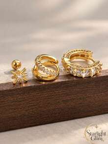 ZCNC 3/1pcs Women's Niche Design Hexagram Stud Earrings Set, Low Allergy, Daily Wear Accessory, Halloween/Christmas Thoughtful Gift - Gold - View 4