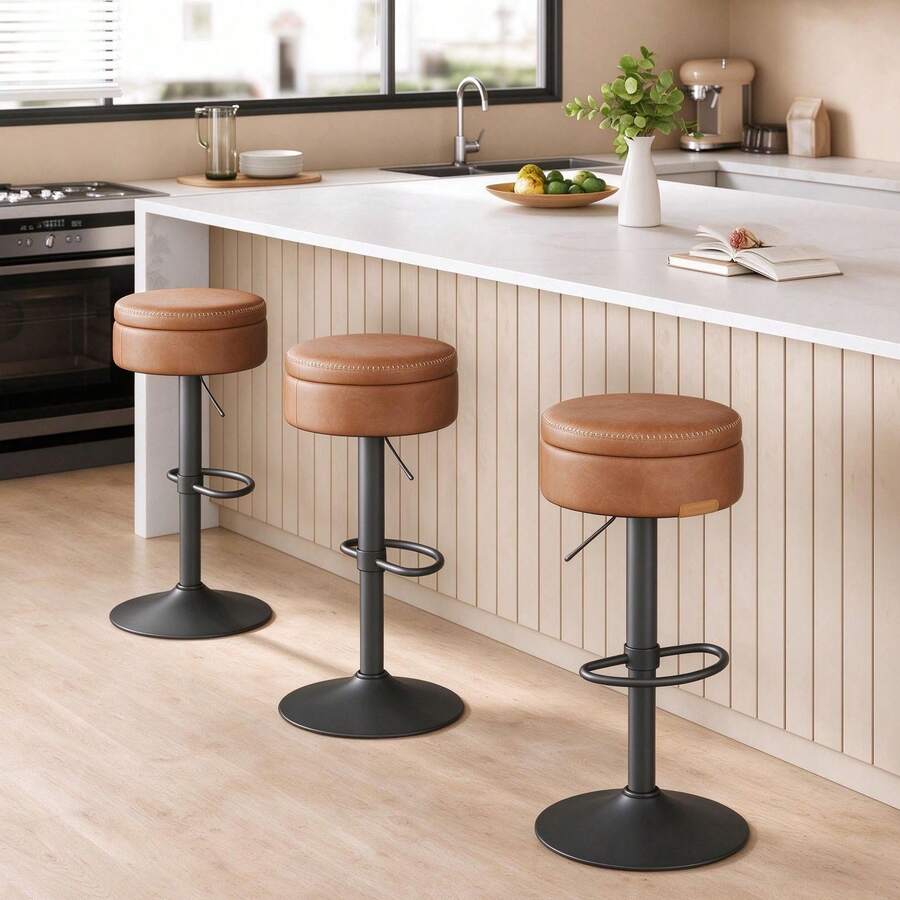 VASAGLE 360° Swivel Bar Stool, Adjustable Height With Storage, Faux Leather With Stitching, For Kitchen, Toasted And Black - Brown - View 1