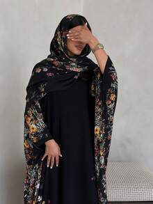 1pc Floral Print Batwing Sleeve Loose Long Dress, Casual Slouchy, Women's Muslim Dubai Style Robe - Multicolor - View 2