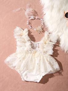 Newborn Baby Girl Photography Outfit, 3D Butterfly Decor Shiny Star Triangle Romper With Pearl Headband Set, Lace Trim Photo Romper - White - View 11