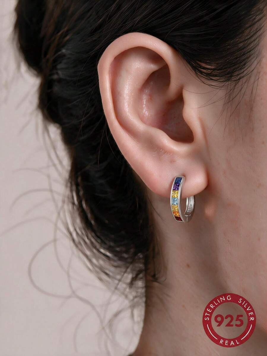 1 Pair S925 Sterling Silver Square Shiny Zirconia Double Hoop Earrings ...