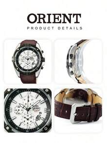 Men's Chronograph Quartz Watch, Crocodile Embossed Brown Leather Strap, Panda White Dial With Multi-Function Sub-Dials, Rugged Dual-Tone Bezel, Racing Sports Watch - White - View 6