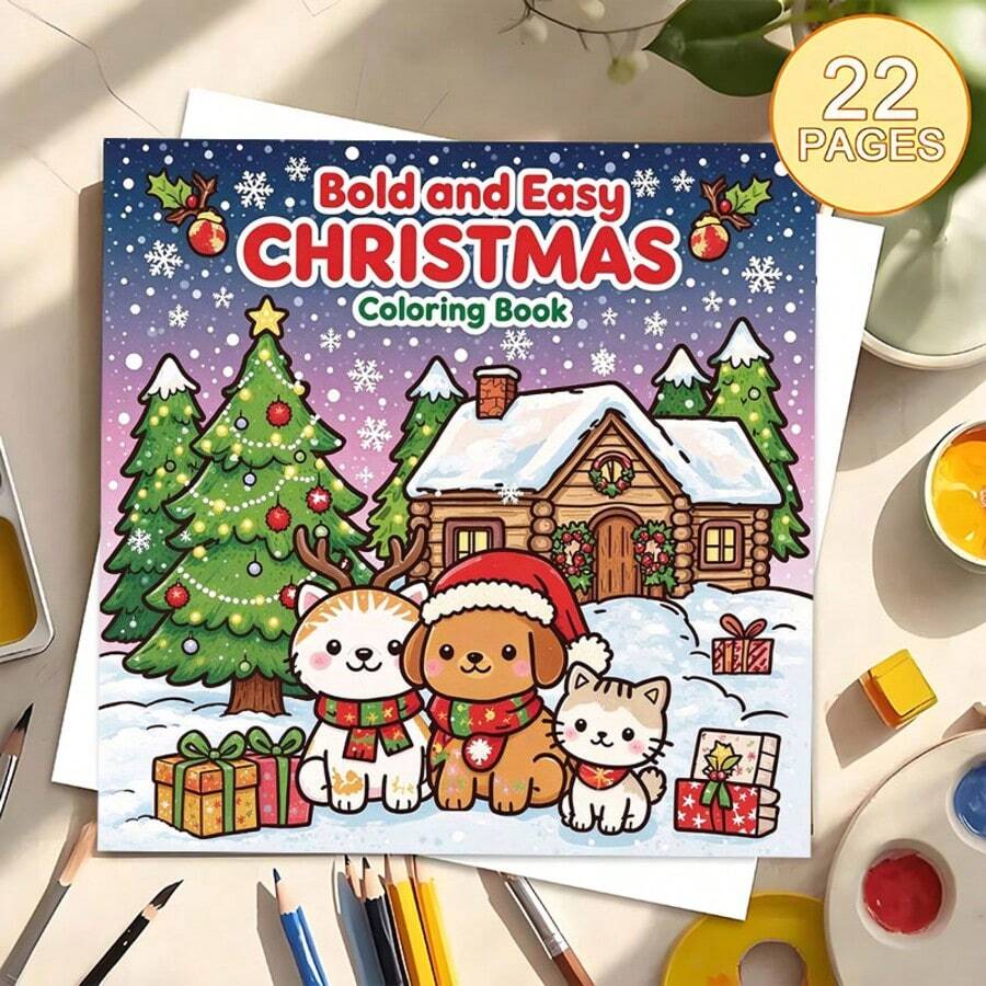 Cute Winter Christmas Coloring Book, Bold Easy Lines Kawaii Puppy Kitten Xmas Tree Coloring Pages, Relaxing Stress Relief Art Activity Book, Christmas Party Favor DIY Craft Holiday Gift - Single Piece - View 1