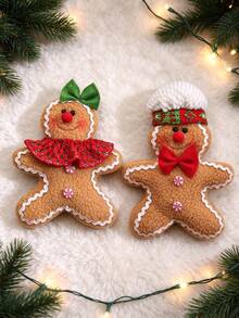 1/2Pcs Gingerbread Man Christmas Ornaments, Soft Plush Gingerbread Hanging DecorXmas Tree Pendant With Bowknot, Holiday Home Party DecorKids Gift - Multicolor - View 6