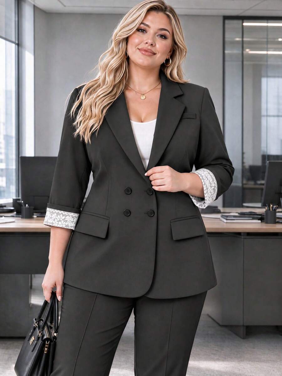 HOMEYEE Elegant Plus Size Women's Blazer, Contrast Lace Cuffs And Lapel, Long Sleeve Design, Perfect Choice For Autumn/Winter Business Office Wear - Dark Grey - View 1
