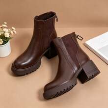 Vintage Brown Chelsea Ankle Boots For Women, Chunky Heel Thick Gear Sole Elastic Patchwork Back Zipper Autumn/Winter Fashion Boots Western Style Side Zipper Holiday - Brown - View 6