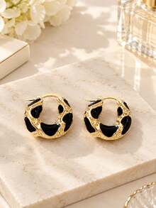 3Pairs Gold Leopard Print Earrings Set, Statement Sunburst Studs, Bow Drop Dangle & Black Enamel Hoop Earrings, Elegant Jewelry Gift For Women - Multicolor - View 5