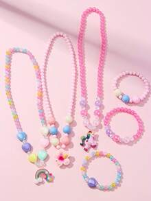 6pcs/Set Kalung & Gelang Liontin Unicorn Bunga Pelangi, Dengan Manik-Manik Warna-warni Acak - MultiWarna - View 12