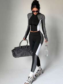 Women's Multi-Color Patchwork Fashion Slim-Fit Sports Long Sleeve & Long Pants Knit Yoga Set - Multicolor - View 5