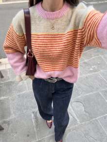 馬卡龍甜美風配色拼接女款寬鬆針織上衣，長袖圓領套頭毛衣，橘黃細橫條紋袖口荷葉邊設計，蓬鬆親膚混紡針織面料，日常穿搭膠囊衣櫥彩色上衣 - 彩色 - 查看 5