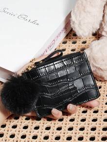 Fashionable Animal Pattern Zipper Multi Slot Card Bag, Adorned With A Delicate Pom-Pom, Large Capacity Credit Card Package, Suitable For Outdoor Use - Black - View 5
