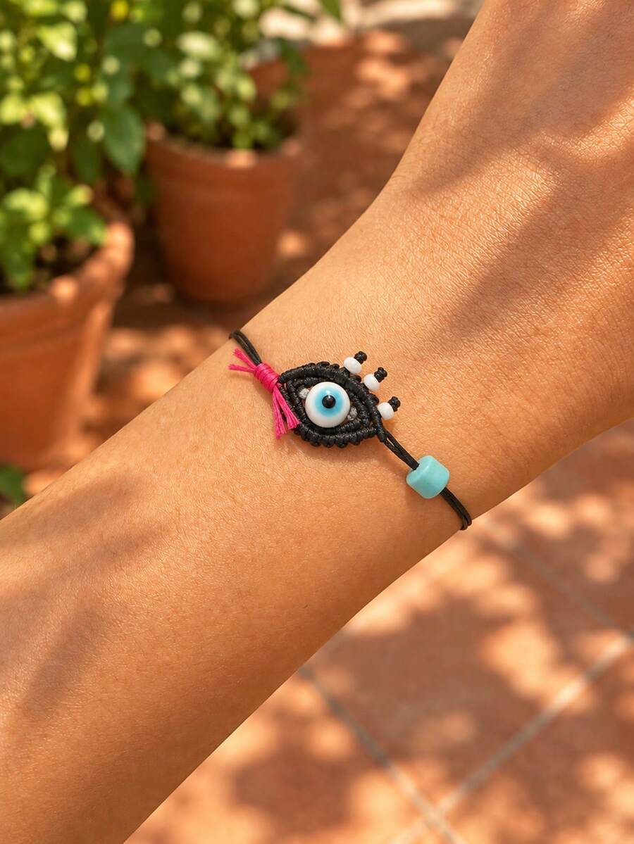 1pc Fashion Casual Evil Eye Woven Bracelet For Women, Adjustable Wax Cord Braided Bracelet, Suitable For Daily Commute, Festivals, Summer Gift, Holiday Gift - Multicolor - View 1