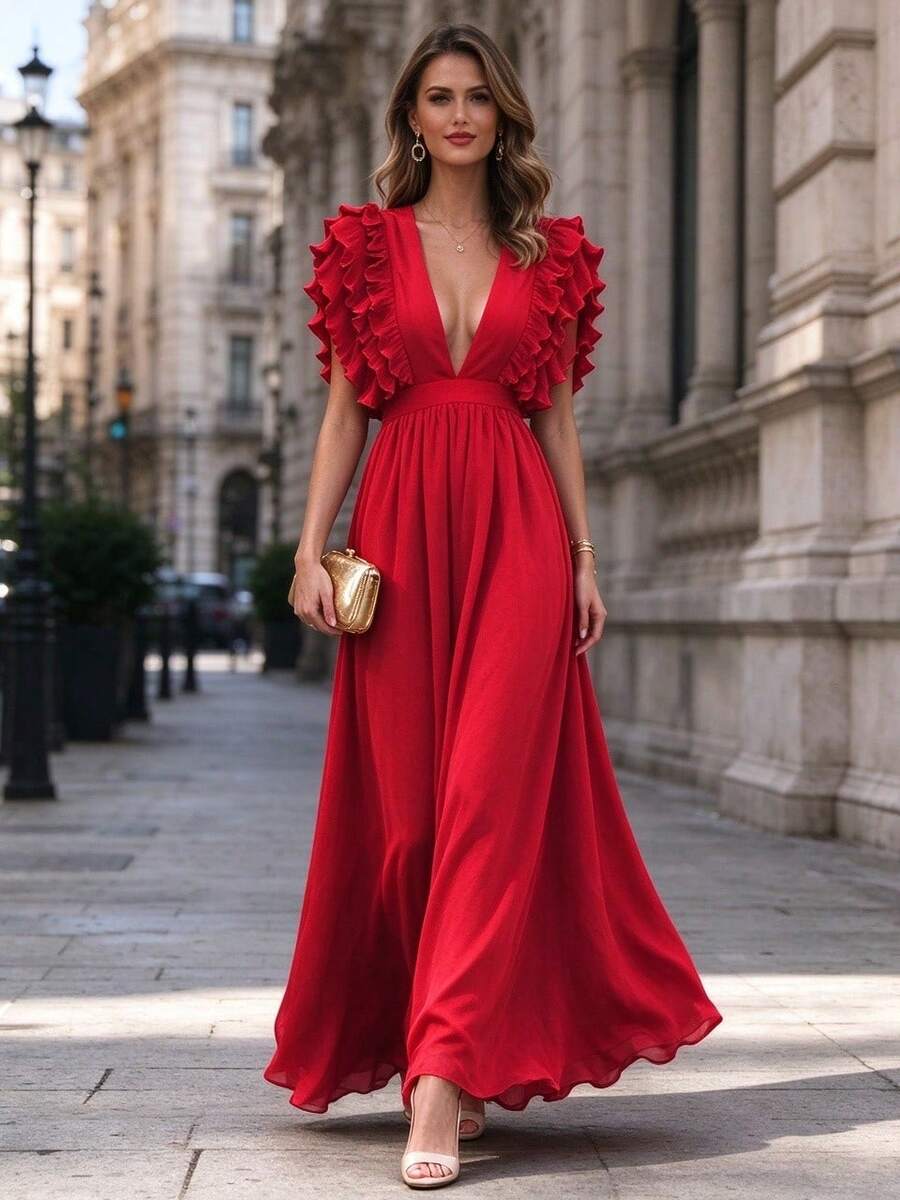 Women Long Dresses - Red - View 1