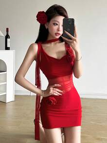 Top Dazzle Fashion Sleeveless Red Mini Dress, Round Neck Slim Fit Cut, Embellished With Exquisite 3D Roses, Creating A Stylish Look - Red - View 1