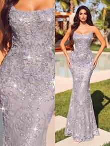 Elegant Women's Strapless Sequin Mermaid Formal Long Dress, Suitable For Ball And Evening Party, Charming Sleeveless Design With Zipper Detail - Dusty Purple - View 5