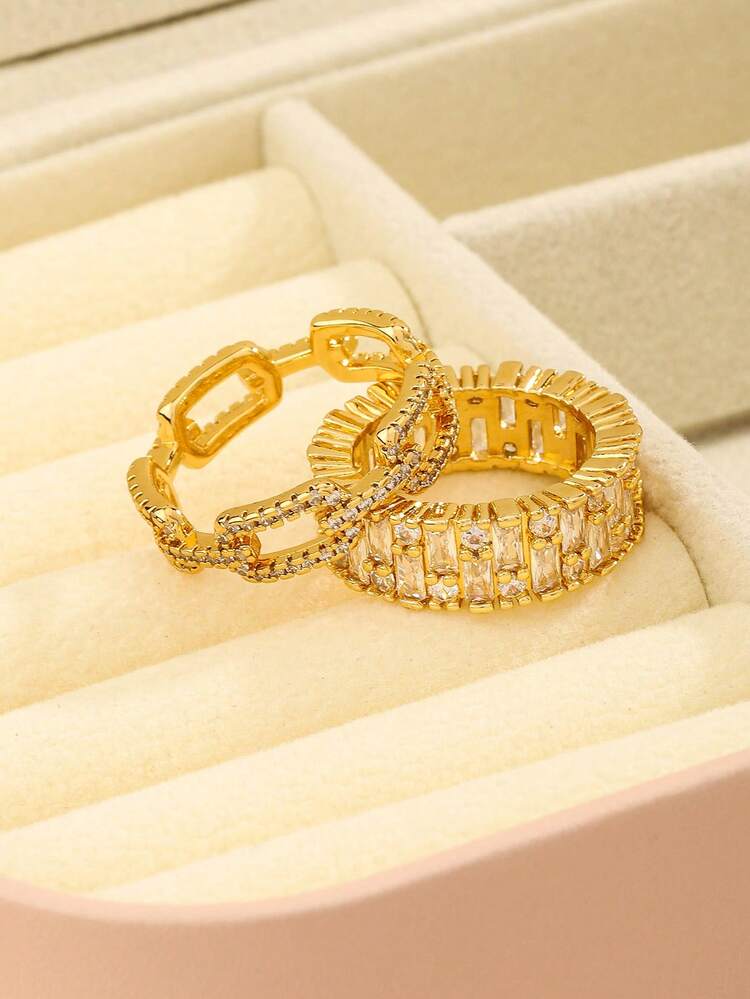 2pcs Luxury Fashion White Gold Plated Full Cubic Zirconia Women's Ring Set Suitable For Daily/Date/Party Wear - Gold - View 5
