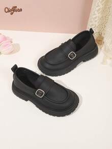 1 Pair Black Girls' Rhinestone Square Buckle Decor PU Material Round Toe Low-Top Slip-On Thick Sole British Style Loafers, Suitable For School, Daily Outings, 2026 New Style - Black - View 3