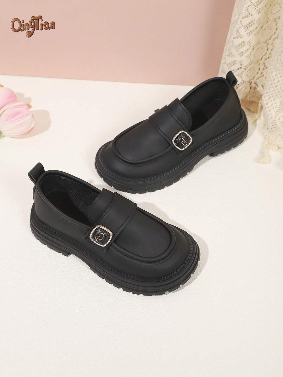 1 Pair Black Girls' Rhinestone Square Buckle Decor PU Material Round Toe Low-Top Slip-On Thick Sole British Style Loafers, Suitable For School, Daily Outings, 2026 New Style - Black - View 1