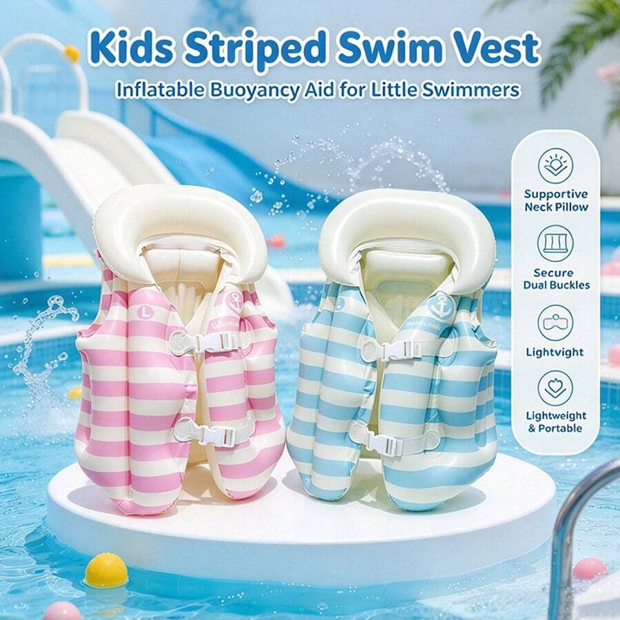 Rompi Renang Anak-Anak Tiup Motif Gradien Garis-Garis dengan Gesper Ganda Anti-Terbalik, Terbuat dari PVC Tebal, untuk Anak Laki-Laki dan Perempuan, Berat 15-55 Lbs