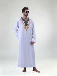 1pc V-Neck Printed Men's Traditional Arabic Robe, Saudi Arabian Traditional Clothing, Saudi Men's Robe, Men's Robe, Saudi Men's Pajamas, Men's Clothing, Dishdasha, Moroccan Men's Robe, African Traditional Clothing, Men's Halloween Costume, Suitable For Ramadan, Eid And Daily Wear - White - View 6