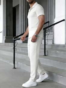 2pcs Men's Turn-Down Collar Button-Up Short Sleeve Top + Elastic Waist Long Pants Pajama Loungewear Set - White - View 7