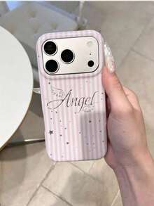 Korean Style Ins Blue Striped Glitter English Letter Phone Case Compatible With Apple 17 Pro Max, 18 Pro, 15, 14, 13, Full Coverage Anti-Drop Protective Soft Shell, Niche Premium Girly Design - Pink - View 2