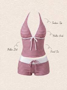 New Summer Sweet Cute Pink & Black Striped Halter Neck Two-Piece Bikini Set, Beach Vacation Casual Style - Multicolor - View 2