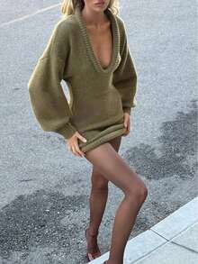 Women's Autumn Loose Knit Sweater Dress, Deep V-Neck, Long Lantern Sleeves, Short Hem, High Elastic Fabric, Suitable For Autumn Fashion - Green - View 1