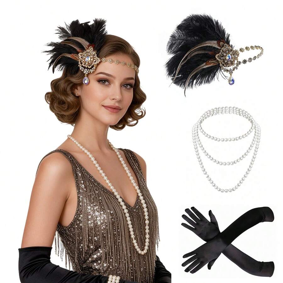 3件組 1920年代 Flapper Gatsby 風格服飾配件套裝 20年代復古珍珠項鍊 手套 水鑽 女款派對飾品 - HD6504 - 查看 1