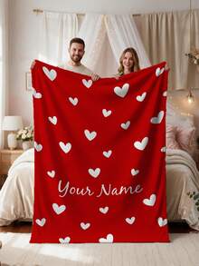 1pc Customized Blanket, Soft Plush Blanket With Customizable Name, Valentine's Day Red Heart Print Design, Personalized Name Blanket, Personalized Gift For Family, Customized Commemorative Gift For Wife And Husband, Very Suitable For Home Use Warm Blanket, Customized Plush Blanket For Wife On Valentine's Day - Multicolor - View 1