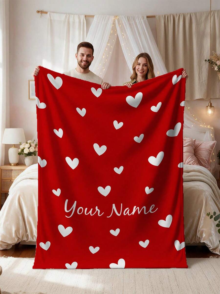 1pc Customized Blanket, Soft Plush Blanket With Customizable Name, Valentine's Day Red Heart Print Design, Personalized Name Blanket, Personalized Gift For Family, Customized Commemorative Gift For Wife And Husband, Very Suitable For Home Use Warm Blanket, Customized Plush Blanket For Wife On Valentine's Day - Multicolor - View 1