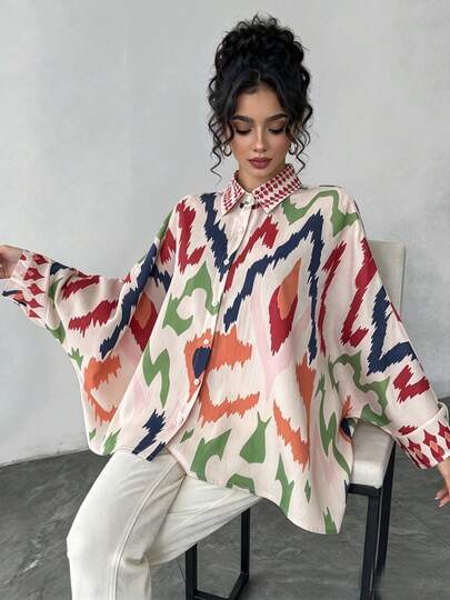 1pc Women's Geometric Print Lapel Single-Breasted Long Sleeve Top, Elegant Lady's Shirt, Comfortable & Breathable Fall