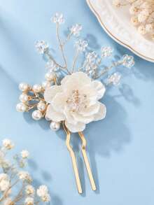 1Pc Elegant Flower Faux Pearl U Shaped Hair Fork, Bridal Hair Pin Wedding Party Hair Accessory For Women - Multicolor - View 12