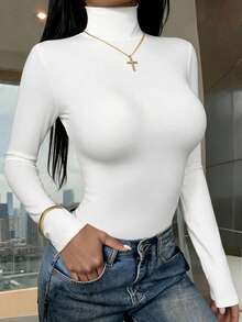 NOIRLYN Fall Winter Women's Basic Solid High Neck Long Sleeve Top Fitted Slim Fit Y2K Layering T‑Shirt Base Layer - White - View 7