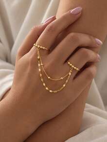 1pc Multi-Layer Chain Double Finger Connected Ring, Gold Bead Decorated Exquisite Double Finger Linked Chain Ring, Daily Casual Party Wear Accessory - Rhinestones - View 3