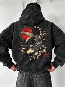 Men's Autumn/Winter Koi & Cherry Blossom Large Back Print Distressed Washed Hoodie Sweatshirt Pullover Pocket Vintage Top - Black - View 4