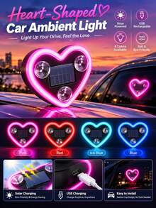 YAIUZGOO Solar Powered & USB Rechargeable Heart-Shaped Car Ambient Light, LED Rear Window Decorative Lamp With Vacuum Suction Mount, Soft Glow Car Interior Accent Light, 4 Colors Available For Sedan SUV Truck - A - View 2