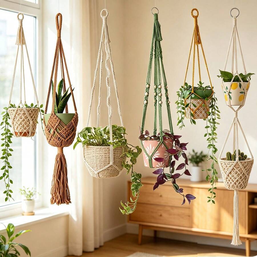 Handmade Bohemian Style Hanging Rope Planter Holder Set, Patterned Hanging Planter, Suitable For Different Size Plant Pots - Multiple Styles - View 1
