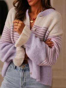 Women's Plus Size Striped Knit Button-Front Cardigan Sweater, Long Sleeve Top With Frill Trim, Elegant Casual For Vacation And Daily Wear, Spring/Autumn/Winter - Mauve Purple - View 5