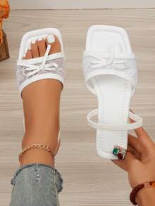 New Elastic Band Elegant Lace Mesh Bowknot Decor Slip-On Round Toe Flat Sandals Women's Summer Vacation Beach Sandals - White - View 8
