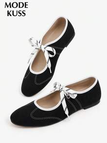 MODE KUSS New Women's Fashion Retro Contrast Color Bow Black Mary Jane Shoes, Slip-On Round Toe Commuter Soft Sole Ballet Flats - Black - View 4