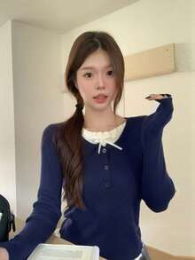 Spring New Ballet Style Sweet Knitted Long Sleeve T-Shirt Slimming Inner Layer Top - Navy Blue - View 4
