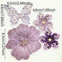 4pcs Purple Rhinestone Flower & Butterfly Handmade Sew-On Appliques For Clothing, Shoes, Hats, Bags Decoration - Multicolor - View 10