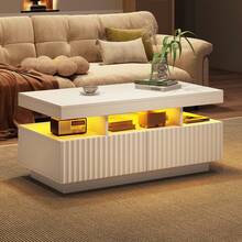 Flieks Coffee Table With LED Lights, 2drawers, Ribbed Decorative Centre Table, Sofa Side Table, Rectangle Coffee End Table For Living Room, Office, 100*50*45cm, White, Particleboard - White - View 7